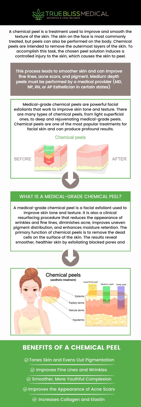 Discover the benefits of chemical peels at True Bliss Medical, where Dr. Alexander Rios, MD, offers expert treatments for rejuvenated skin. Chemical peels effectively reduce fine lines, acne scars, and hyperpigmentation, revealing a smoother, brighter complexion. Experience the transformative power of chemical peels and achieve radiant, youthful skin. Please contact us today or request an appointment online. We are conveniently located at 96 Pompton Ave Suite 102, Verona, NJ 07044.