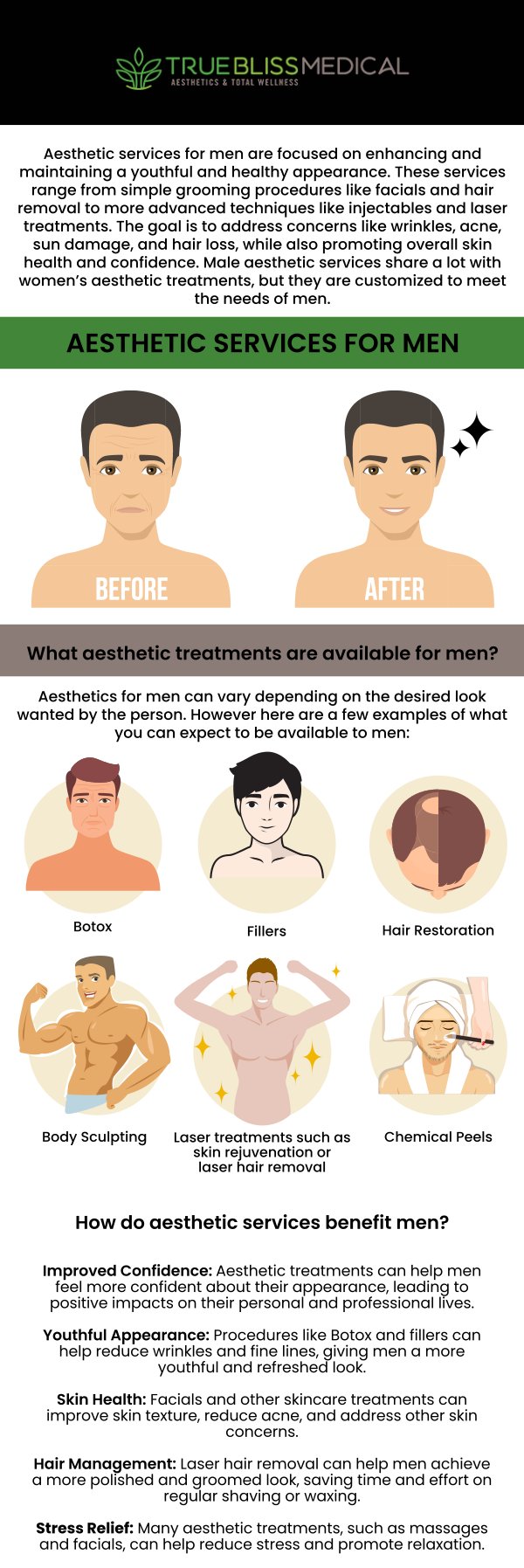 At True Bliss Medical in Verona, NJ, Dr. Alexander Rios, MD, offers specialized aesthetic services tailored for men. Our treatments are designed to enhance your natural features, boost confidence, and maintain a youthful appearance. From non-surgical facelifts to laser hair removal and skin rejuvenation, we provide discreet, effective solutions to meet your aesthetic goals. Experience personalized care and achieve your best look with our expert team. Contact us today or schedule an appointment online! We are conveniently located at 96 Pompton Ave Suite 102, Verona, NJ 07044.