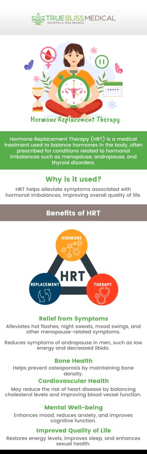 Achieve hormonal balance and improved well-being with Hormone Replacement Therapy (HRT) at True Bliss Medical Spa, guided by Dr. Alexander Rios, MD. Our personalized HRT plans address symptoms of hormonal imbalances, enhancing your energy, mood, and overall health. Experience the benefits of tailored treatments designed to support your body's natural harmony. For more information, contact us or schedule an appointment online today. We are conveniently located at 96 Pompton Ave Suite 102, Verona, NJ 07044.