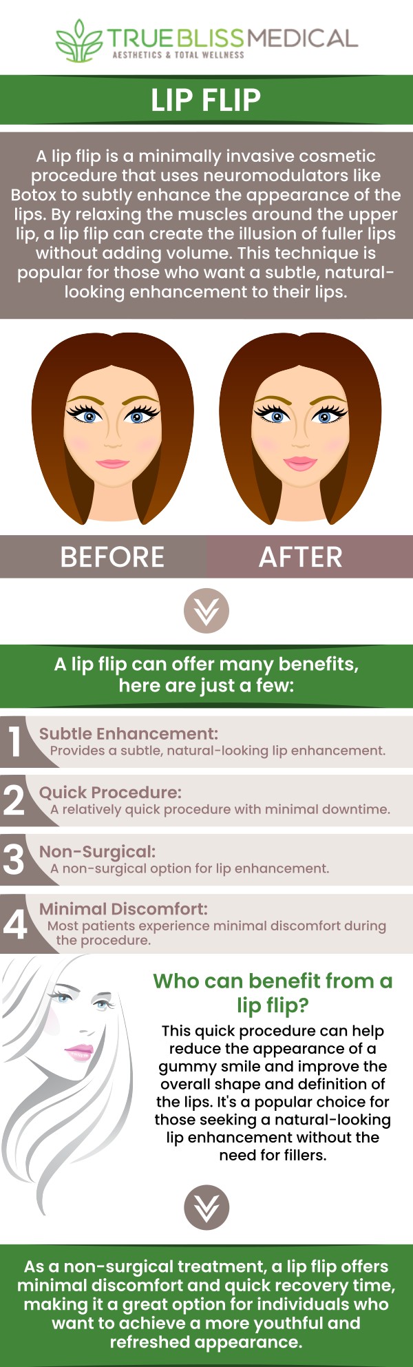 At True Bliss Medical Spa, the cost of a lip flip is designed to offer an affordable way to enhance your smile. This minimally invasive procedure involves the strategic placement of Botox to create a subtle lift in the upper lip, providing a fuller appearance without the need for fillers. The cost of a lip flip  ranges from $200 to $500 per treatment. For precise pricing and to explore how a lip flip can enhance your look. Dr. Alexander Rios MD is here to help you. For more information, contact us today or schedule an appointment online. We are conveniently located at 96 Pompton Ave Suite 102, Verona, NJ 07044.