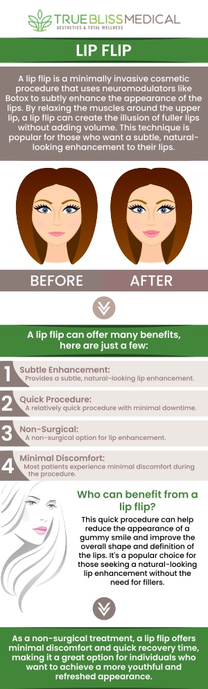 At True Bliss Medical Spa, the cost of a lip flip is designed to offer an affordable way to enhance your smile. This minimally invasive procedure involves the strategic placement of Botox to create a subtle lift in the upper lip, providing a fuller appearance without the need for fillers. The cost of a lip flip  ranges from $200 to $500 per treatment. For precise pricing and to explore how a lip flip can enhance your look. Dr. Alexander Rios MD is here to help you. For more information, contact us today or schedule an appointment online. We are conveniently located at 96 Pompton Ave Suite 102, Verona, NJ 07044.