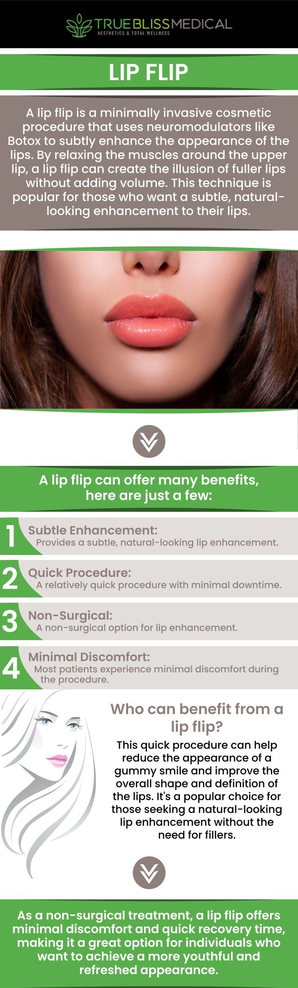 Before and after a lip flip treatment, clients often notice a gentle lift and more visible upper lip contour, enhancing their natural smile without added volume. Mild swelling or redness may occur temporarily and usually fades within a few days. Over the next one to two weeks, results become more defined, revealing a balanced and refreshed look. These natural, refined outcomes are a hallmark of treatments performed by Dr. Alexander Rios at True Bliss Medical Spa in Verona, NJ. For more information, contact us today or request an appointment online. We are conveniently located at 96 Pompton Ave Suite 102, Verona, NJ 07044.