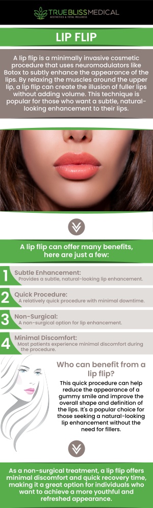 Before and after a lip flip treatment, clients often notice a gentle lift and more visible upper lip contour, enhancing their natural smile without added volume. Mild swelling or redness may occur temporarily and usually fades within a few days. Over the next one to two weeks, results become more defined, revealing a balanced and refreshed look. These natural, refined outcomes are a hallmark of treatments performed by Dr. Alexander Rios at True Bliss Medical Spa in Verona, NJ. For more information, contact us today or request an appointment online. We are conveniently located at 96 Pompton Ave Suite 102, Verona, NJ 07044.